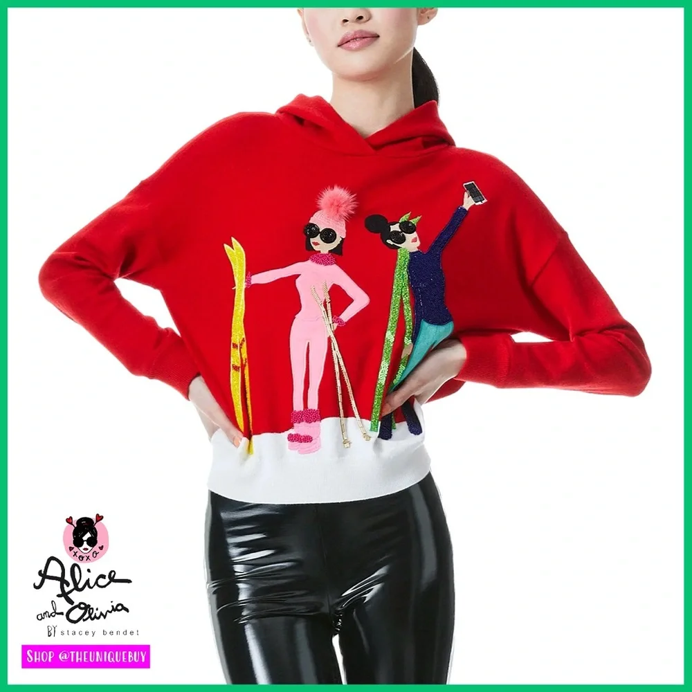 Alice + Olivia Oscar Red Embellished Stace Face Pullover Hoodie Sweater Top